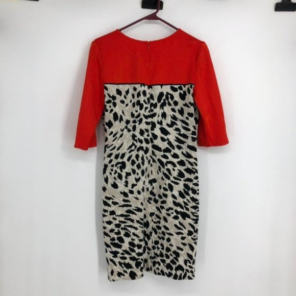 St. John Red  &  Creme Leopard Print Jersey Wool blend Midi Dress size 12 - Picture 2 of 7